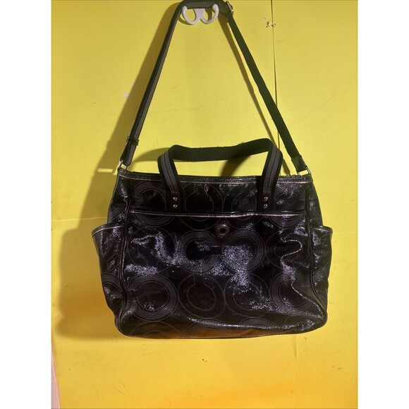 Coach Poppy Op Art C Patent Leather Baby Diaper Bag Bear Tag Super Size X-large - Picture 1 of 10